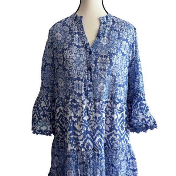 ORANGE FASHION VILLAGE, BEAUTIFUL BLUE/WHITE, BELL SLEEVE CROCHET TRIM DRESS - Picture 5 of 8